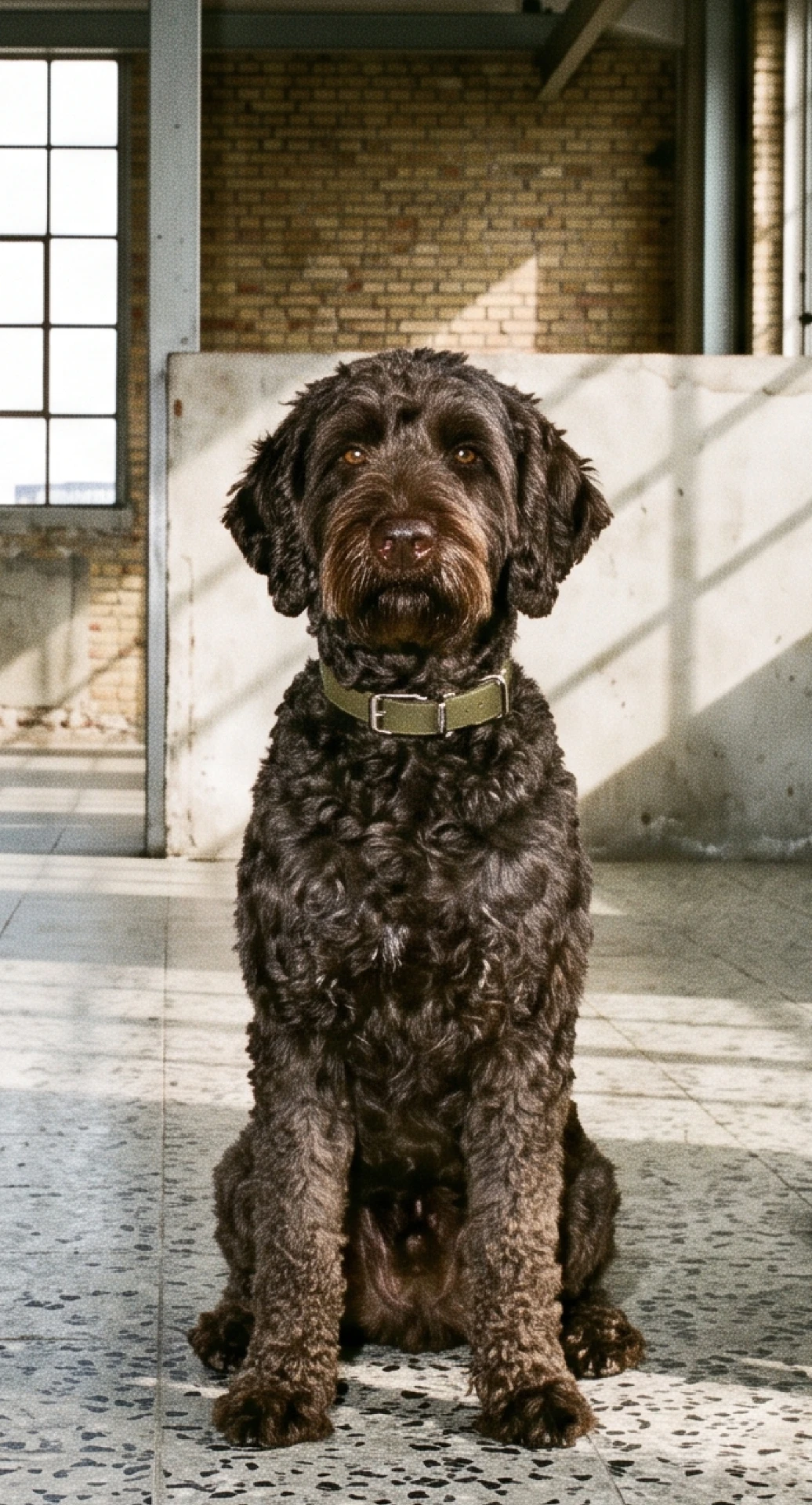 Labradoodle sidder i en industrihal