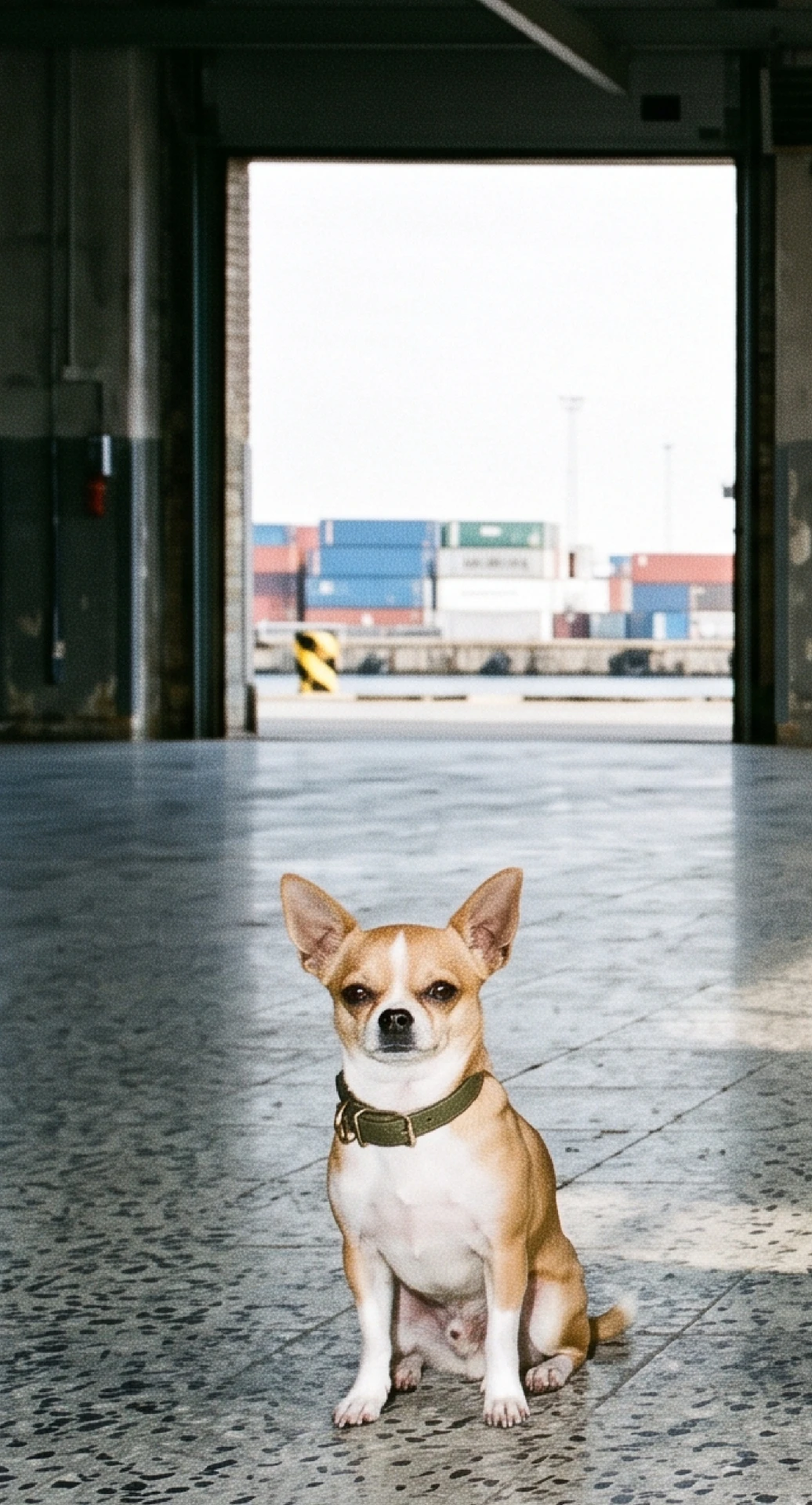 Chihuahua sidder på et havnelager