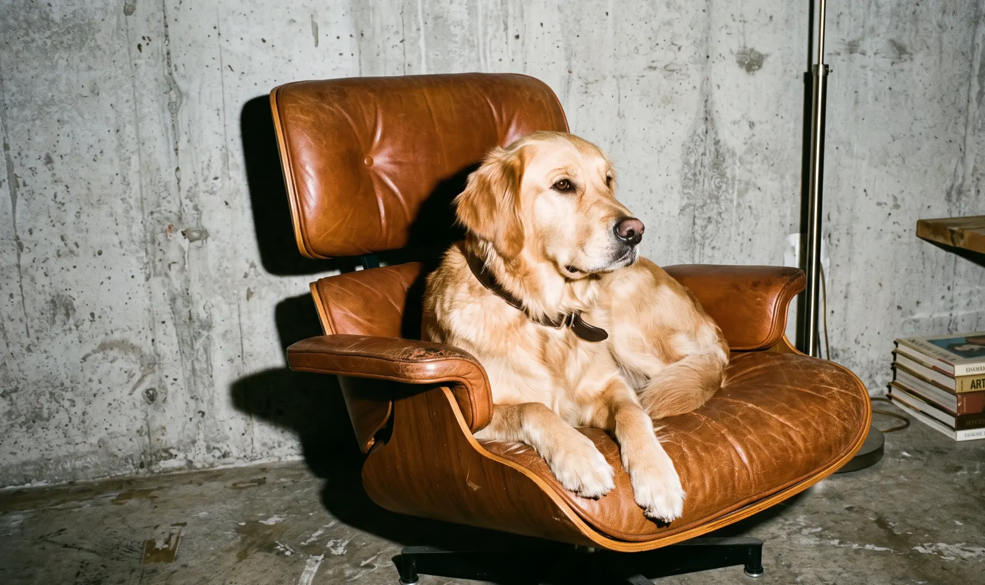 Golden retriever ligger afslappet i en læderstol