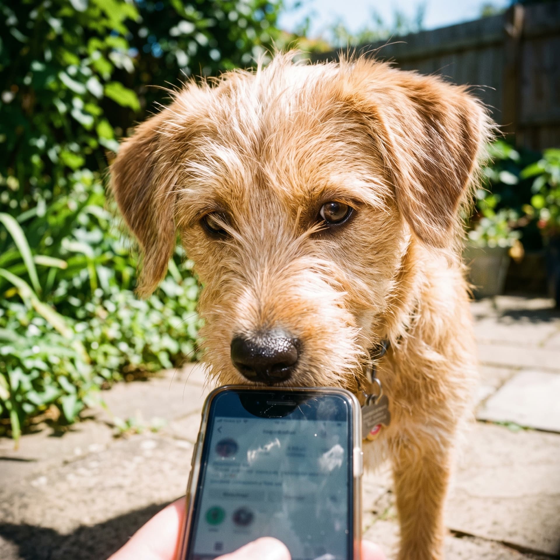 Hund kigger på telefonen med sin personlige foderkøreplan